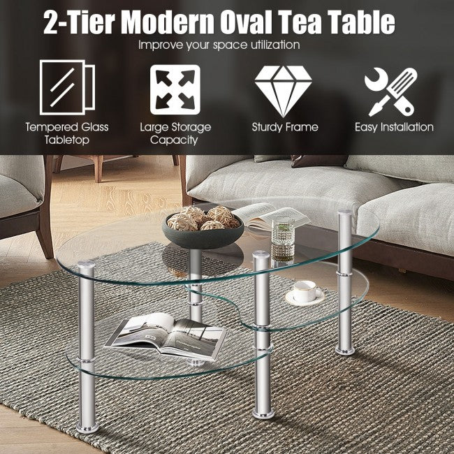 SUGIFT Tempered Glass Oval Side Coffee Table,Transparent