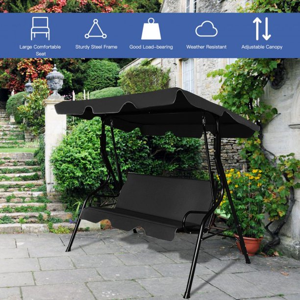 3 Seat Canopy Swing with Cushioned Steel Frame Outdoor Garden Patio Lounge Chair