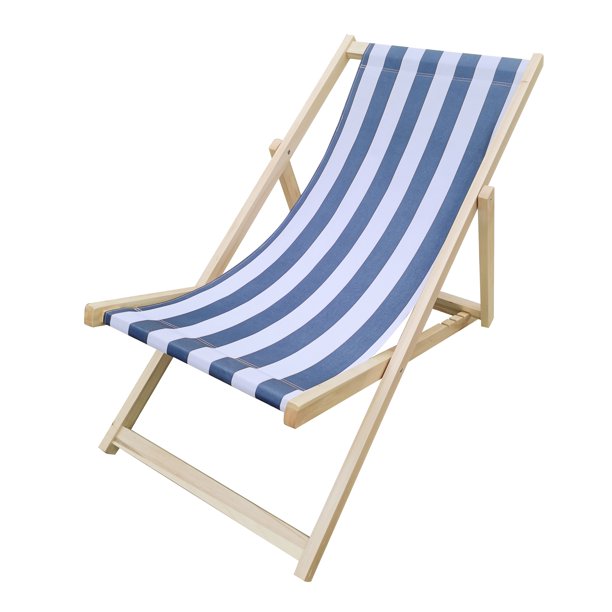 SUGIFT Beach Sling Chair, Lounge Striped Chair Outdoor, Reclining Beach Chair, Wooden Folding Adjustable Patio Chair, Blue