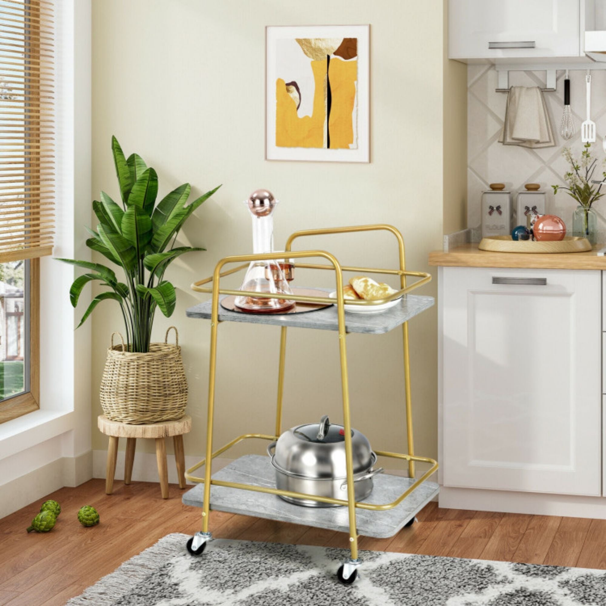 2-Tier Gray Kitchen Rolling Cart with Steel Frame and Lockable Casters