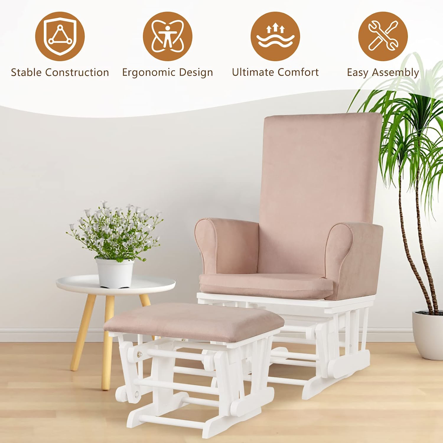 Wood Patio Baby Nursery Relax Outdoor Rocking Chair Glider and Ottoman Set in Pink