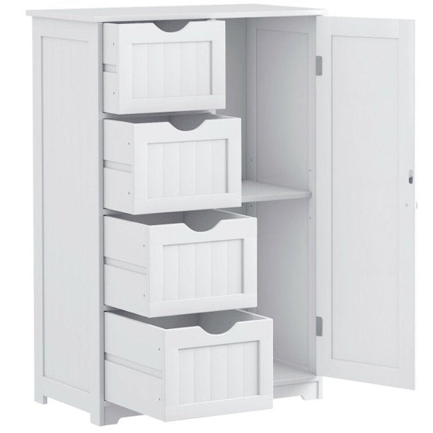 SUGIFT Wooden 4 Drawer Cabinet Free Standing Storage Cupboard 2 Shelves,White