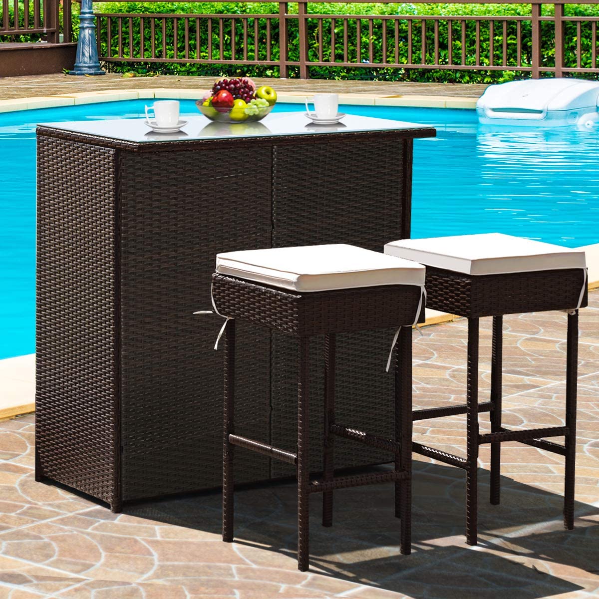 Wicker Outdoor Bar Patio Table with White Cushioned Stools (3-Pieces)