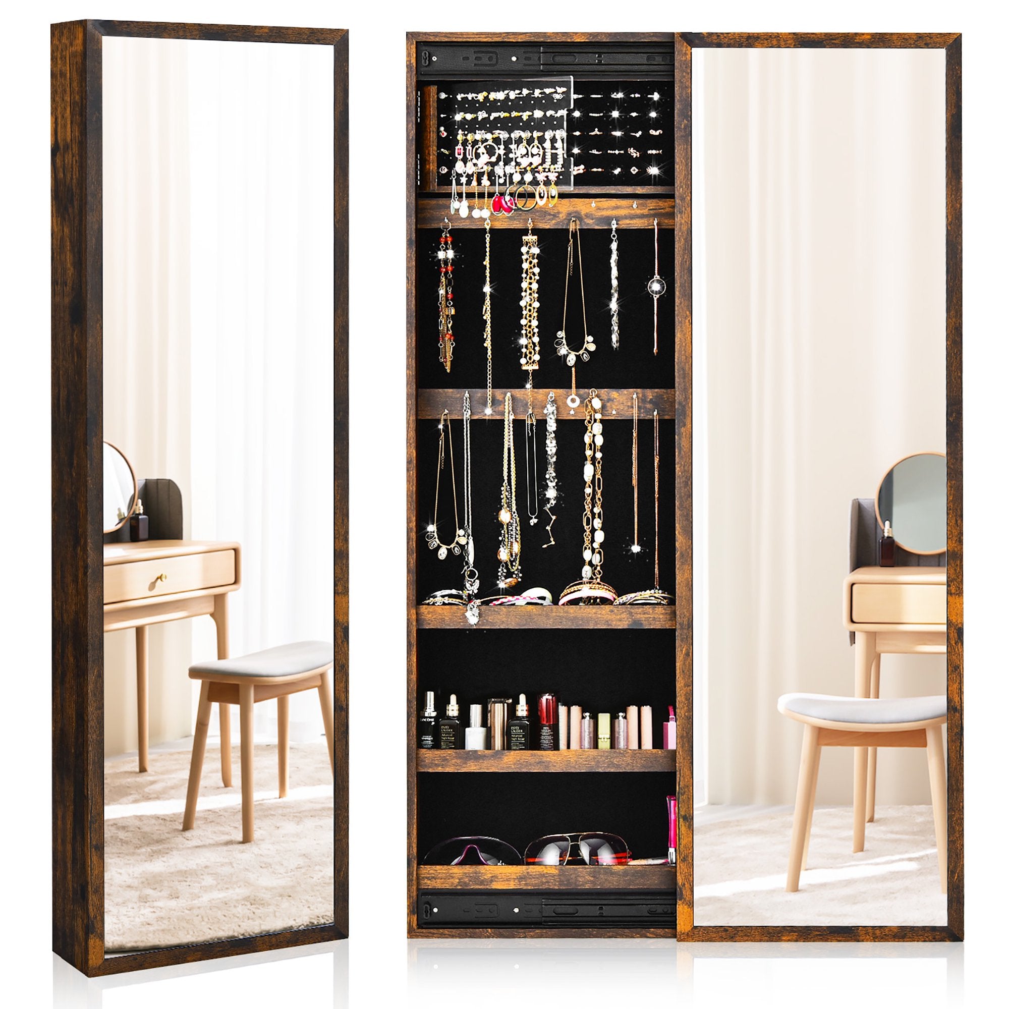 SUGIFT Wall Mounted Jewelry Full-Length Mirror Slide Cabinet Armoire Brown