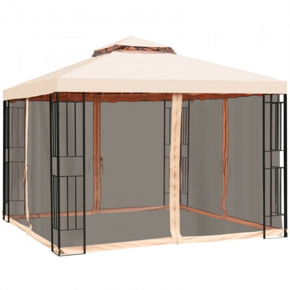 10 ft. x 10 ft. Beige 2 Tier Outdoor Patio Pop-Up Vented Metal Canopy Tent with Mosquito Netting