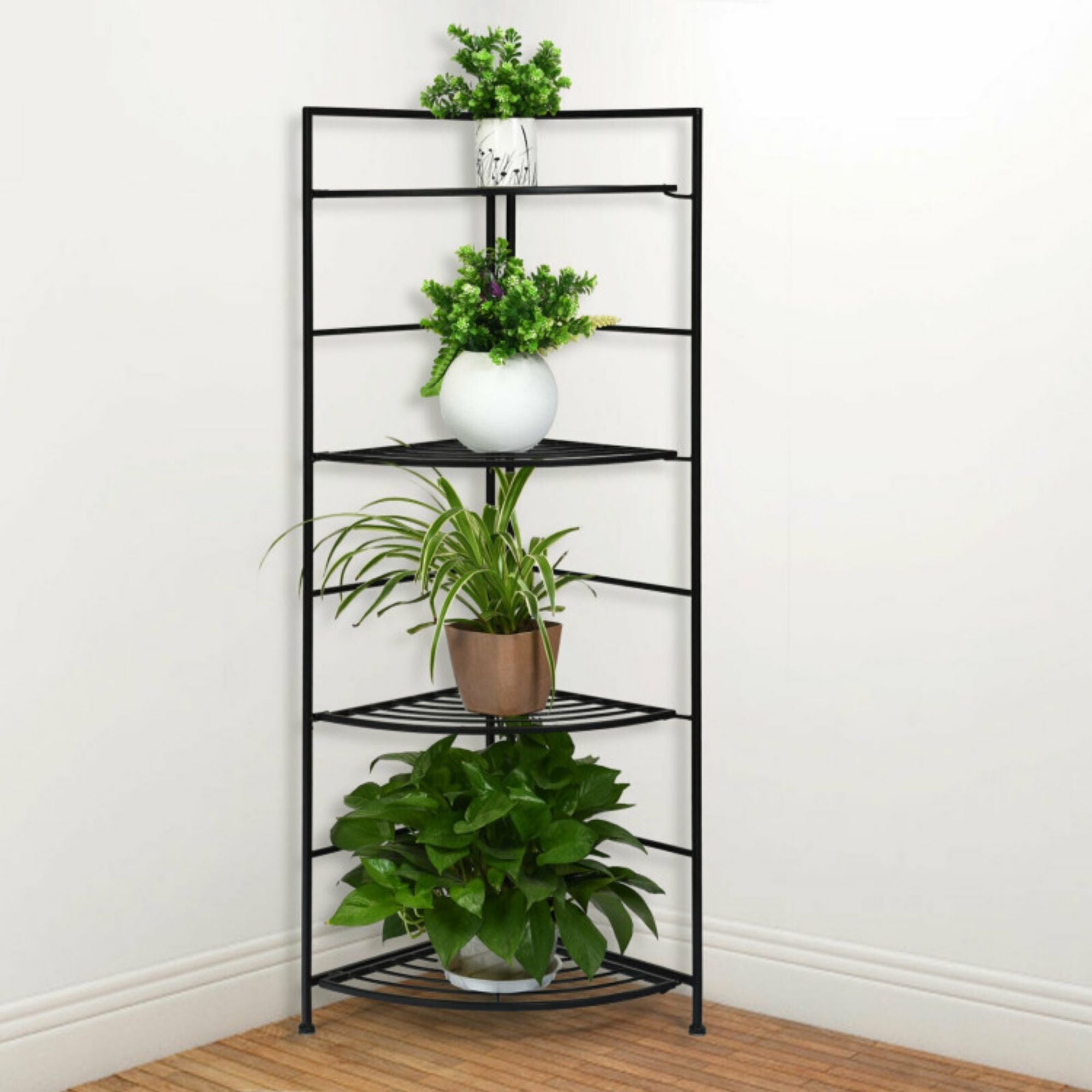 Indoor/Outdoor Folding Black Metal Shelf Plant Stand Storage Open Shelf Corner Display Rack (4-Tier)