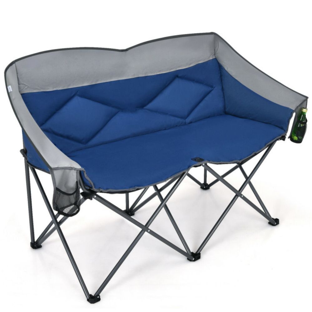 Blue Outdoor Folding Camping Loveseat Chair with Bags and Padded Backrest