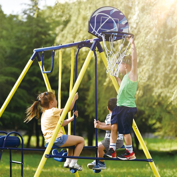 SUGIFT 5 in 1 Outdoor Toddler Swing Set Playground Swing Sets with Seesaw Swing and Basketball Hoop