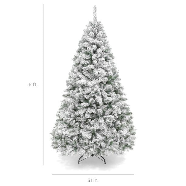 SUGIFT 6ft Premium Holiday Christmas Pine Tree w/ Snow Flocked Branches, Foldable Metal Base