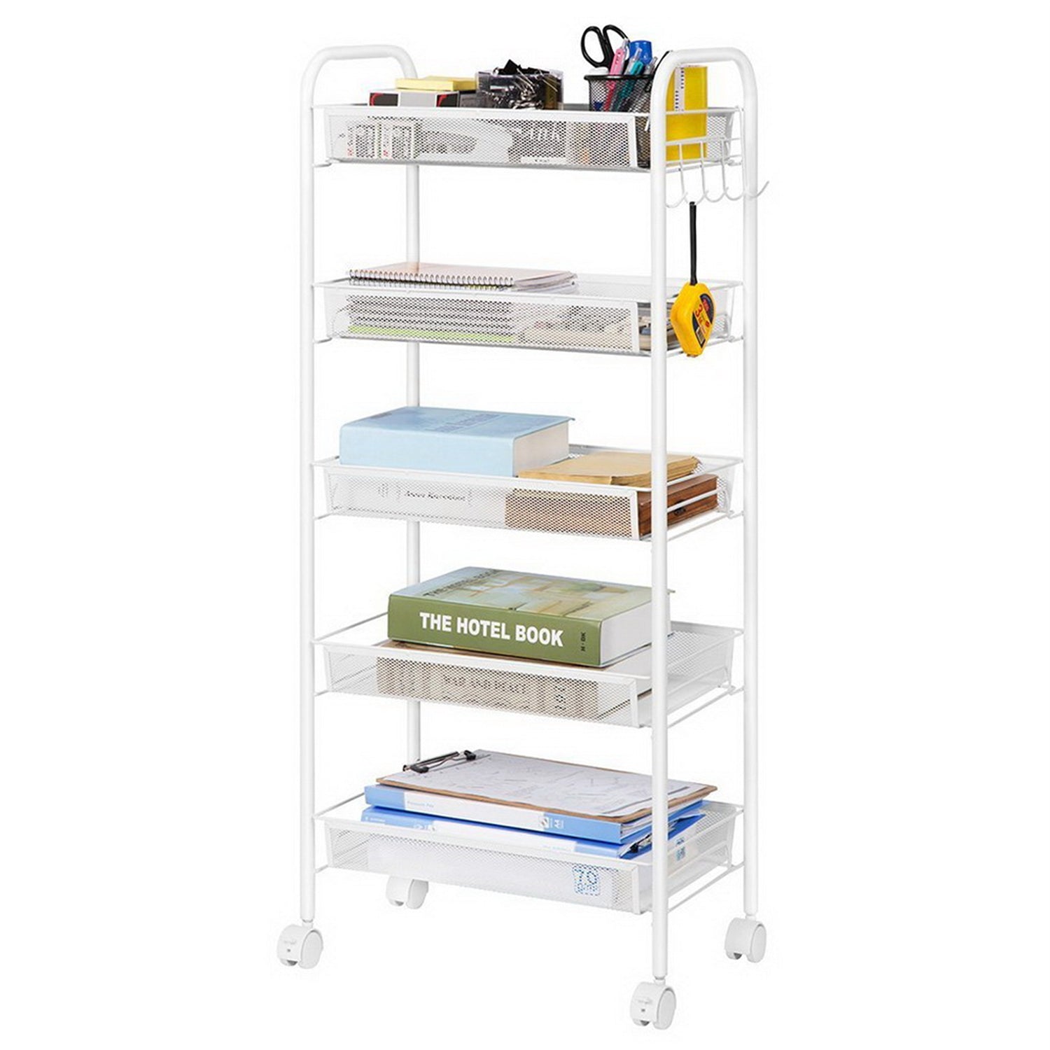 SUGIFT Five Tiers Storage Cart Honeycomb Mesh Storage Trolley with Hook Ivory White