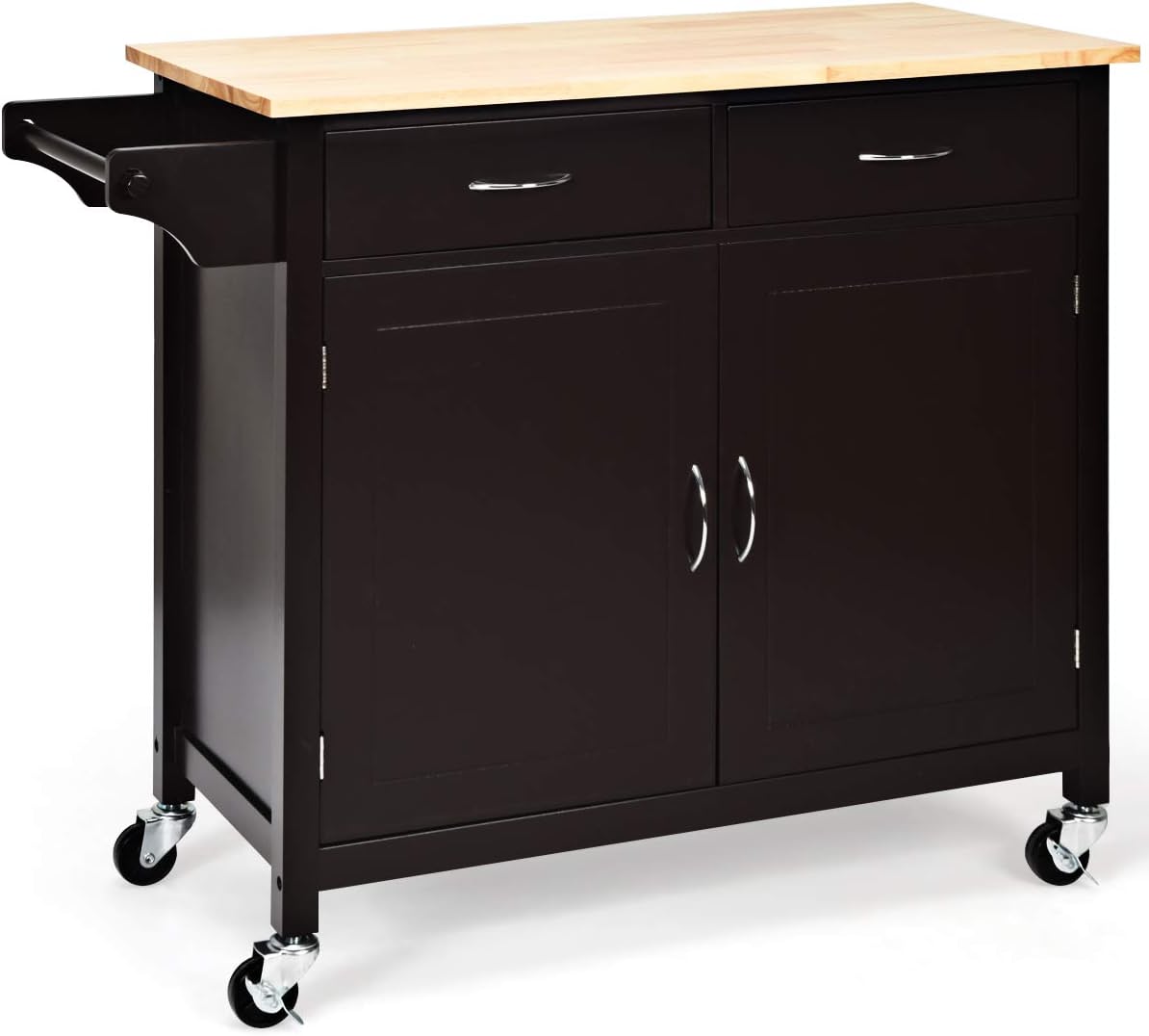 Brown Rolling Kitchen Cart with Towel Rack and Wood Table Top