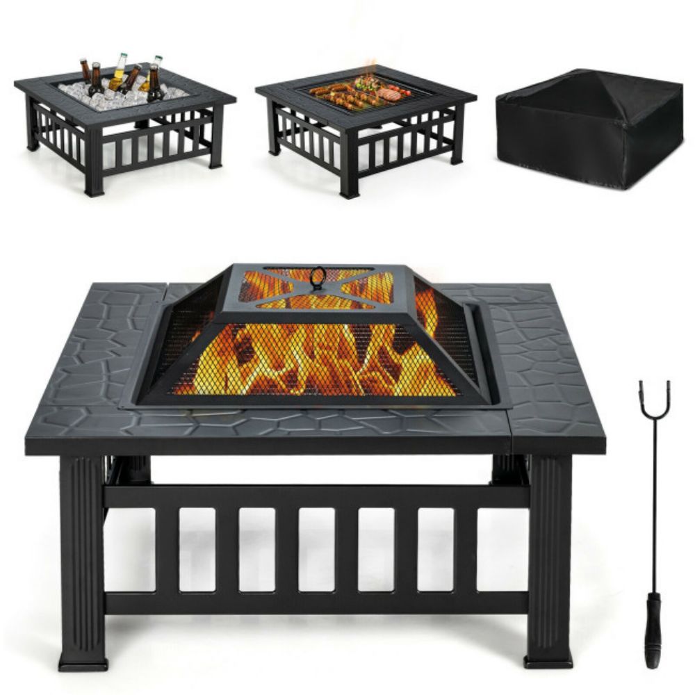32 in. Outdoor Square Fire Pit Table with BBQ Grill and Rain Cover