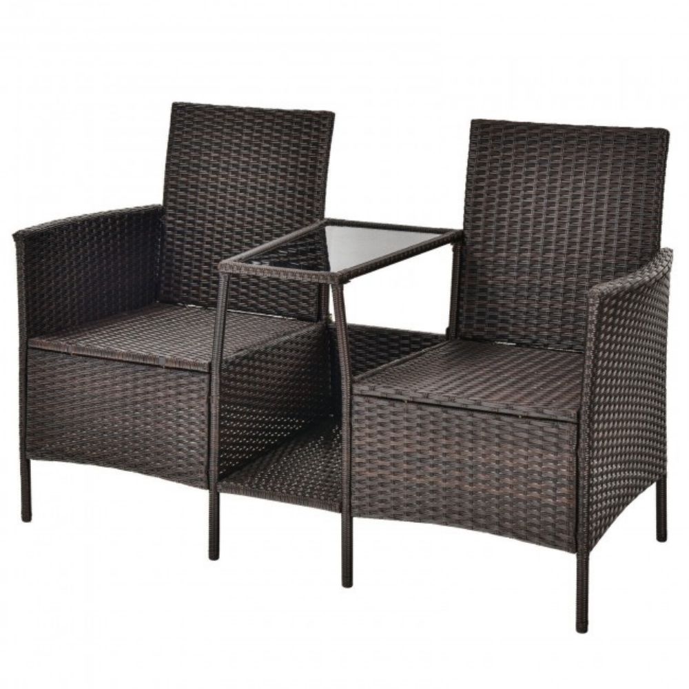 1-Piece Patio Rattan Wicker Conversation Loveseat Set with Turquoise Cushions and Glass Table