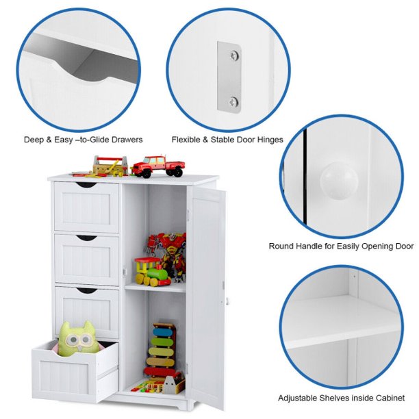 SUGIFT Wooden 4 Drawer Cabinet Free Standing Storage Cupboard 2 Shelves,White