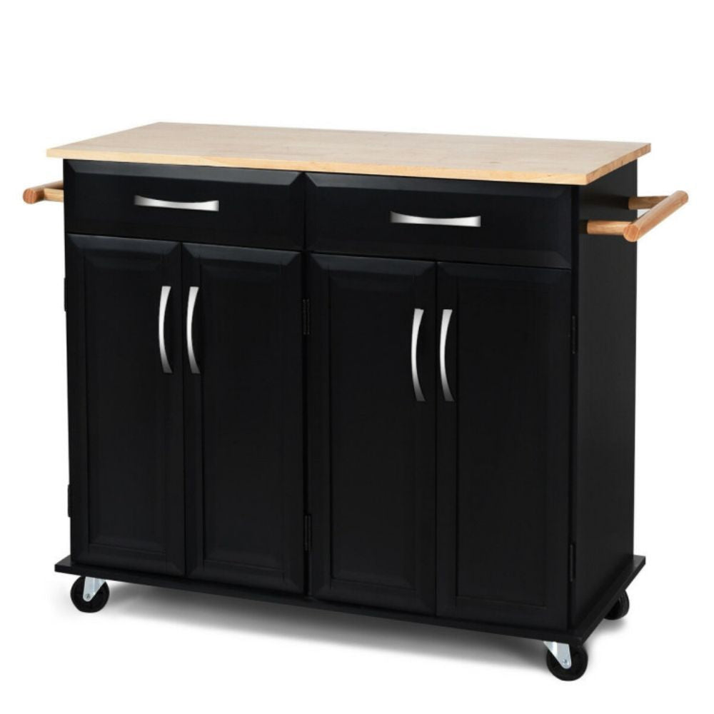 Black Rolling Kitchen Cart with Towel Rack and Wood Table Top