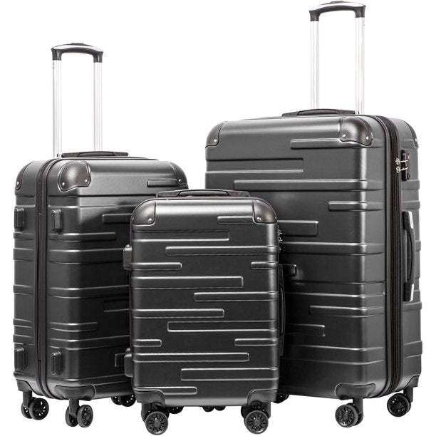 Expandable Luggage Sets with Double Spinner Wheels, 3 Piece Hard Suitcase Set for Short Trips and Long Travel, Black