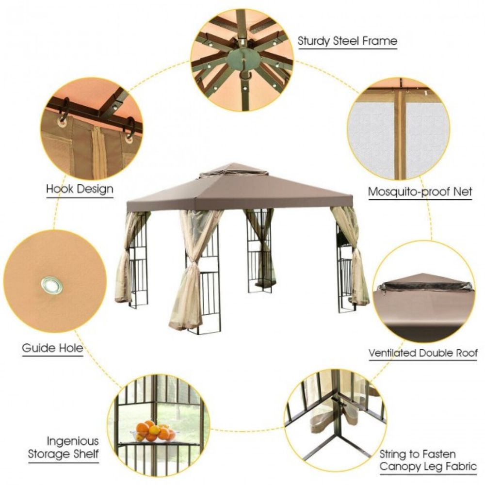 10 ft. x 10 ft. Brown 2 Tier Outdoor Patio Vented Metal Screw-Free Structure Canopy Tent with Mosquito Netting