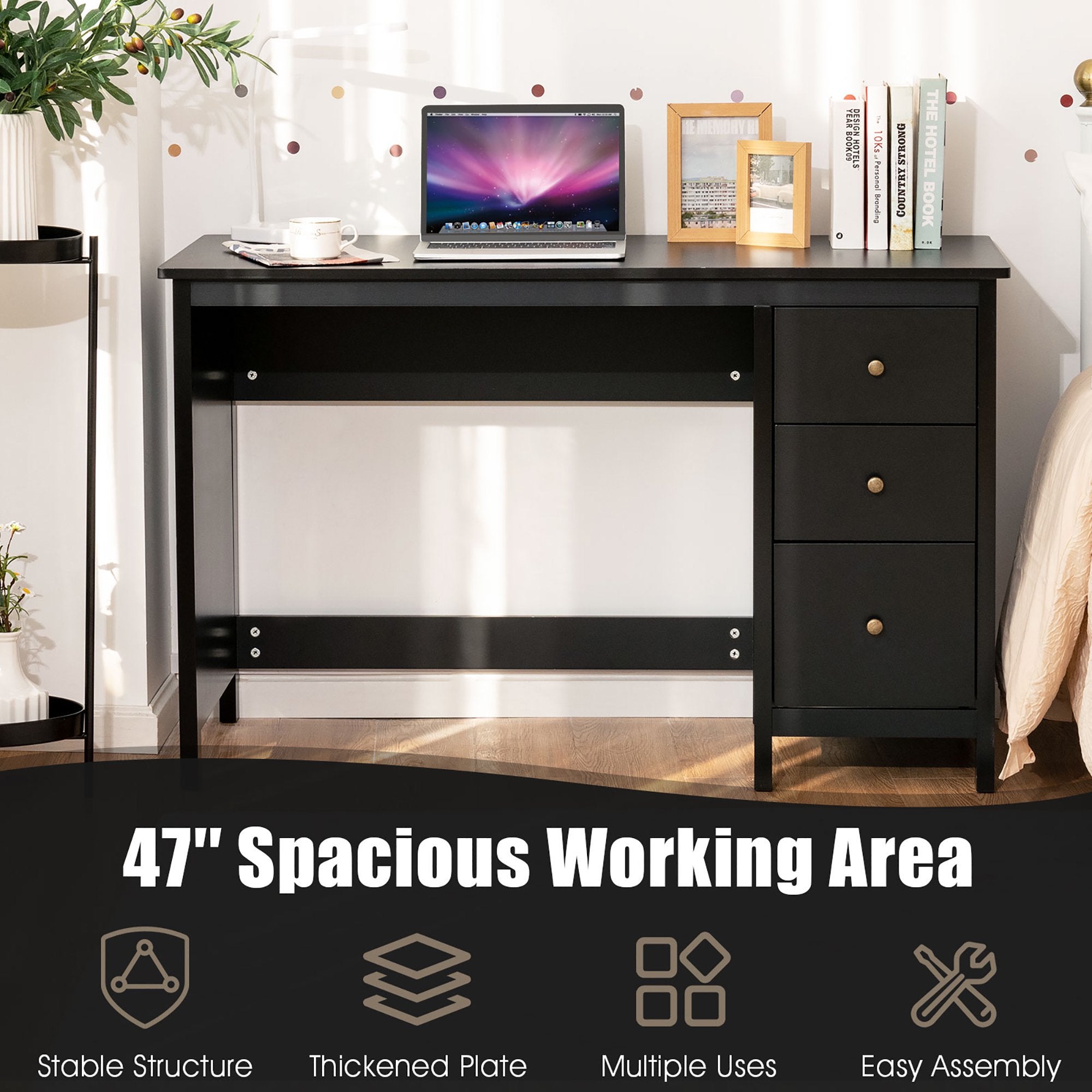 SUGIFT Computer DeskModern Wood 3-Drawer Office Desk Black