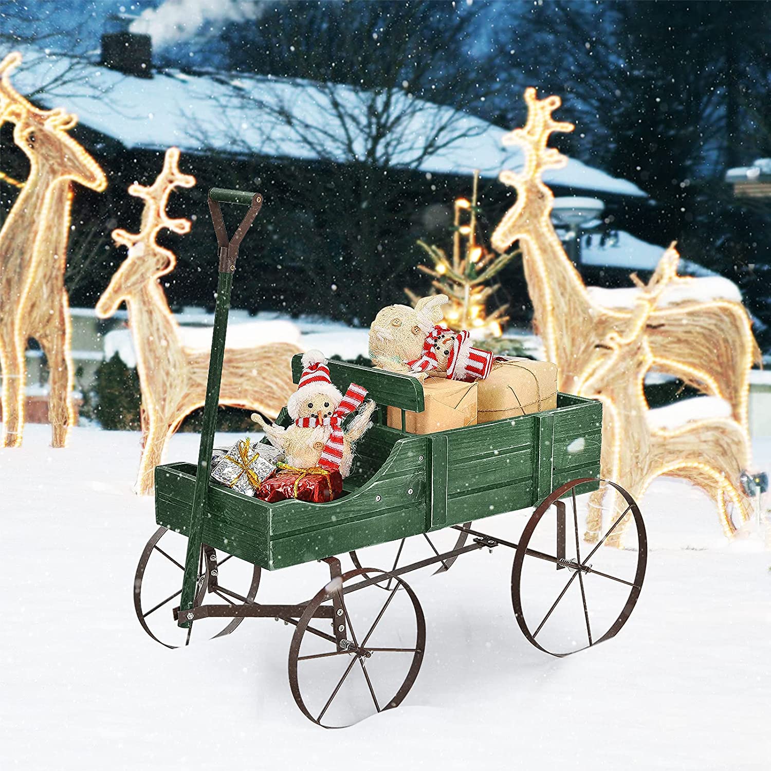 Wooden Wagon Plant Bed in Green with Metal Wheels