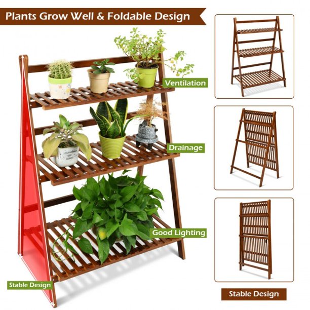 SUGIFT Plant Storage Shelf 3-tier Folding Bamboo Flower Shelf