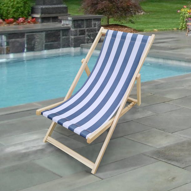 SUGIFT Beach Sling Chair, Lounge Striped Chair Outdoor, Reclining Beach Chair, Wooden Folding Adjustable Patio Chair, Blue