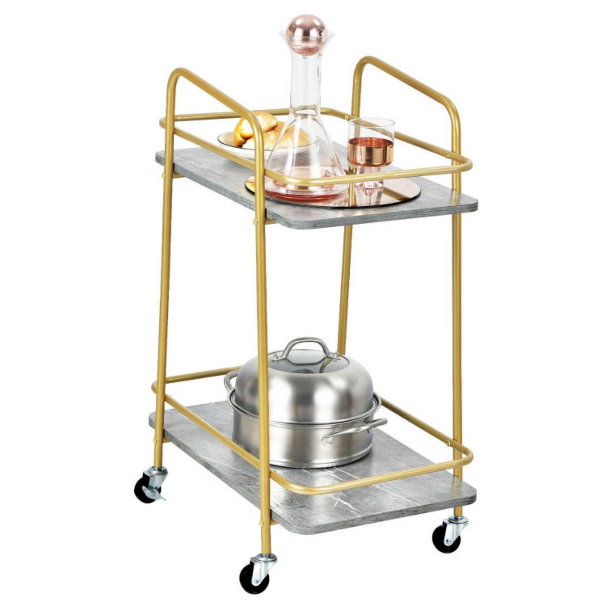 2-Tier Gray Kitchen Rolling Cart with Steel Frame and Lockable Casters