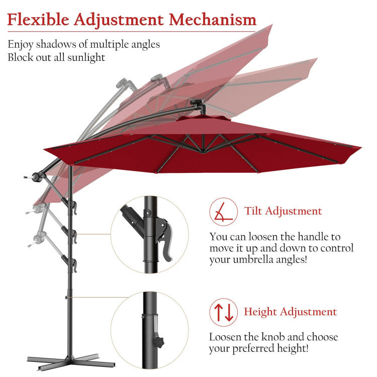 10 ft. Steel Cantilever Solar LED Outdoor Patio Umbrella with Cross Base in Red