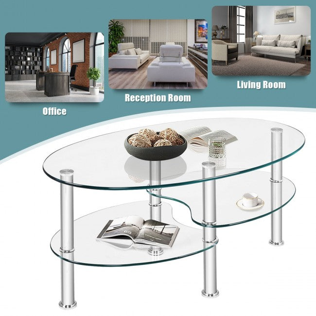 SUGIFT Tempered Glass Oval Side Coffee Table,Transparent