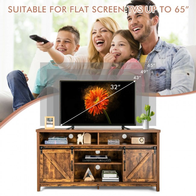 SUGIFT 59 Inch TV Stand with Sliding Double Barn Door for TVs up to 65 Inch,Coffee