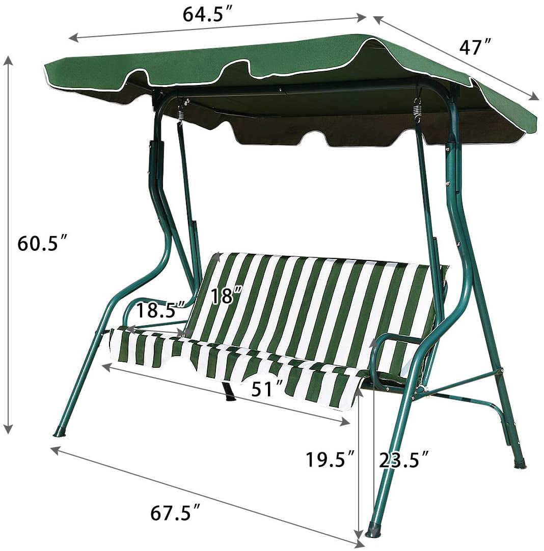 SUGIFT 3-Person Porch Swing with Cushion and Adjustable Tilt Canopy in Green