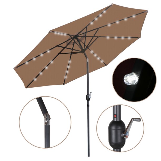 SUGIFT Tan Patio Umbrella 8 Ribbed Strong Light Weight Aluminum Frame with Crank Sunny UV Resistant Yard Parasol with 32 LED Lights - 10FT