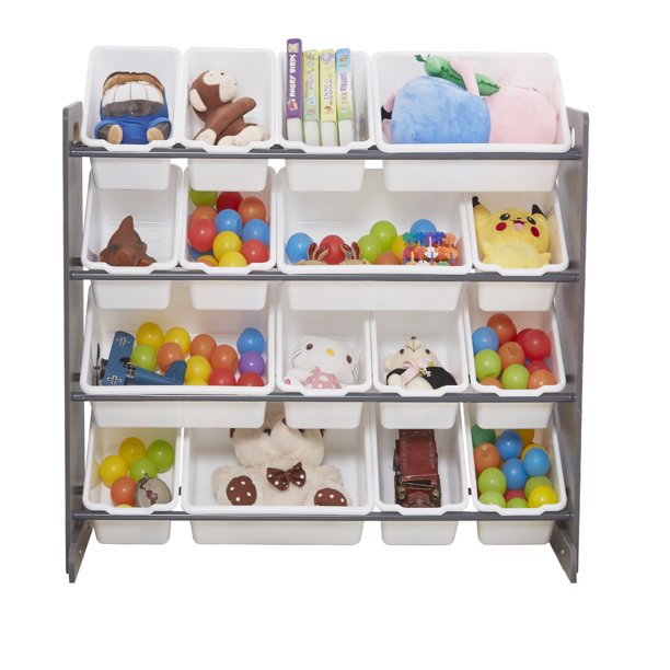 Wooden Kids' Toy Storage Organizer with 16 Plastic Bins, Gray