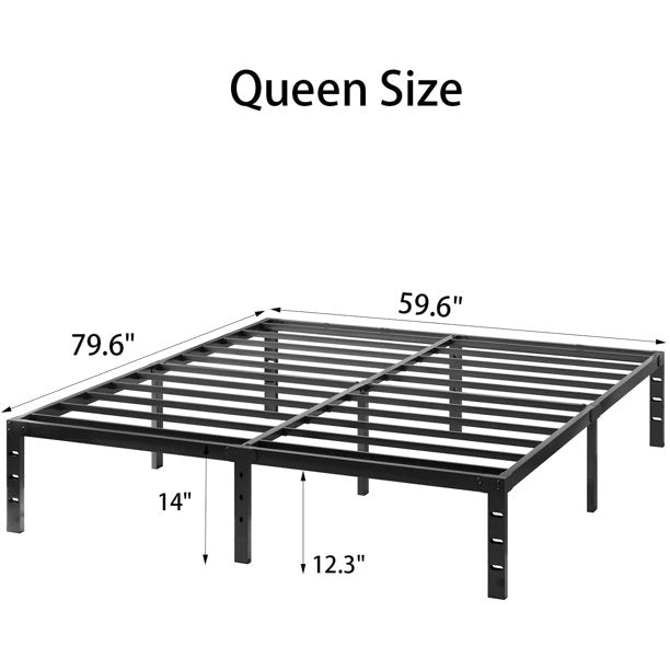 14 Inch Metal Platform Bed Frame Queen Size Heavy Duty Beds No Box Spring Steel Slat Frames with Storage Black