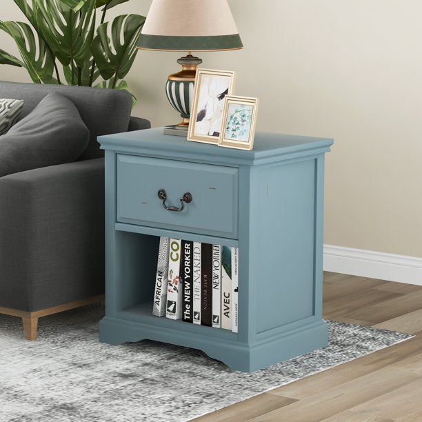 SUGIFT End Table Side Desk With 1 Drawer, Solid Wood, Traditional Design Blue