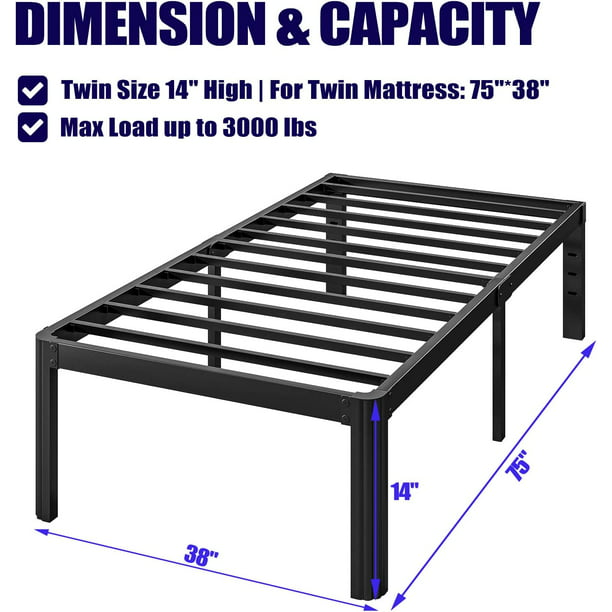 14in Heavy Duty Twin Bed Frame No Box Spring Needed, Metal Platform Bed Frame Twin with Round Corners, Easy Assembly, Noise Free, Black