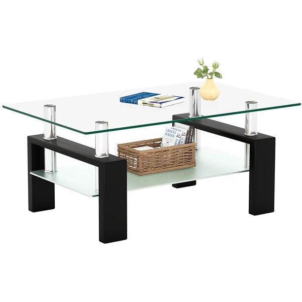 SUGIFT Rectangle Glass Coffee Table 2-Tier Tea Table Modern Side Coffee Table for Living Room Black