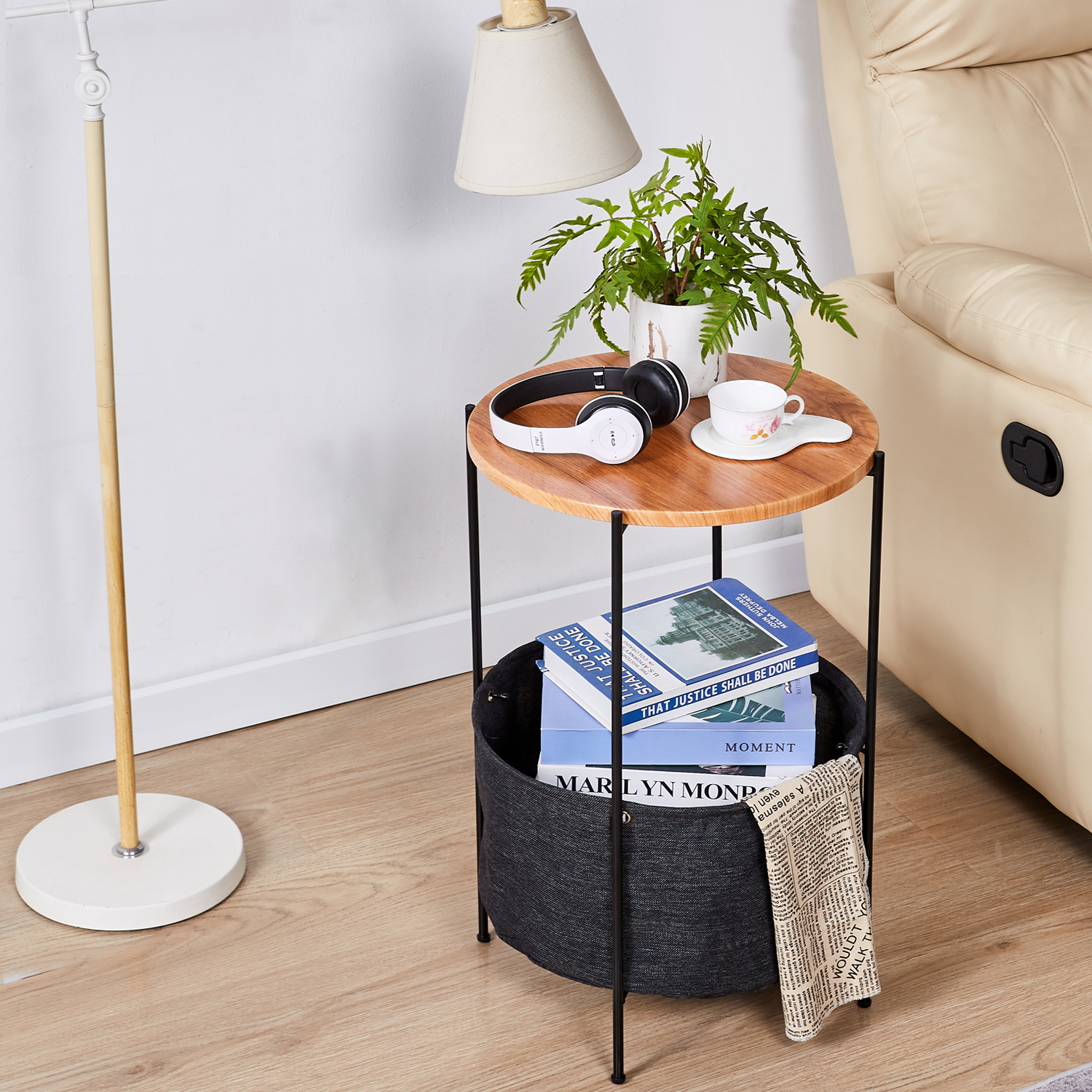 SUGIFT Round Side Table with Storage Basket, Steel Side Table
