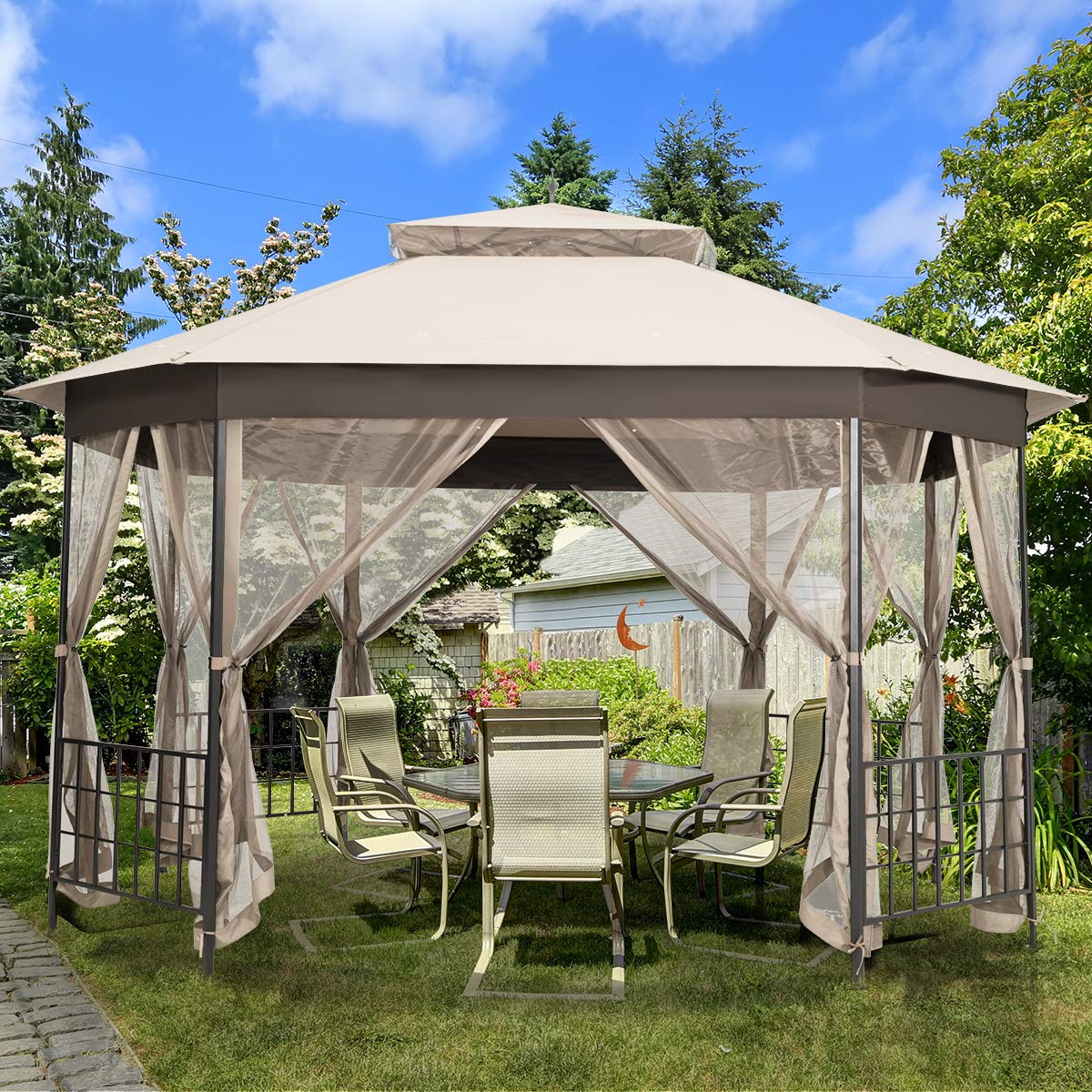 10 ft. x 12 ft. Beige Metal Outdoor Patio Gazebo with Mosquito Net