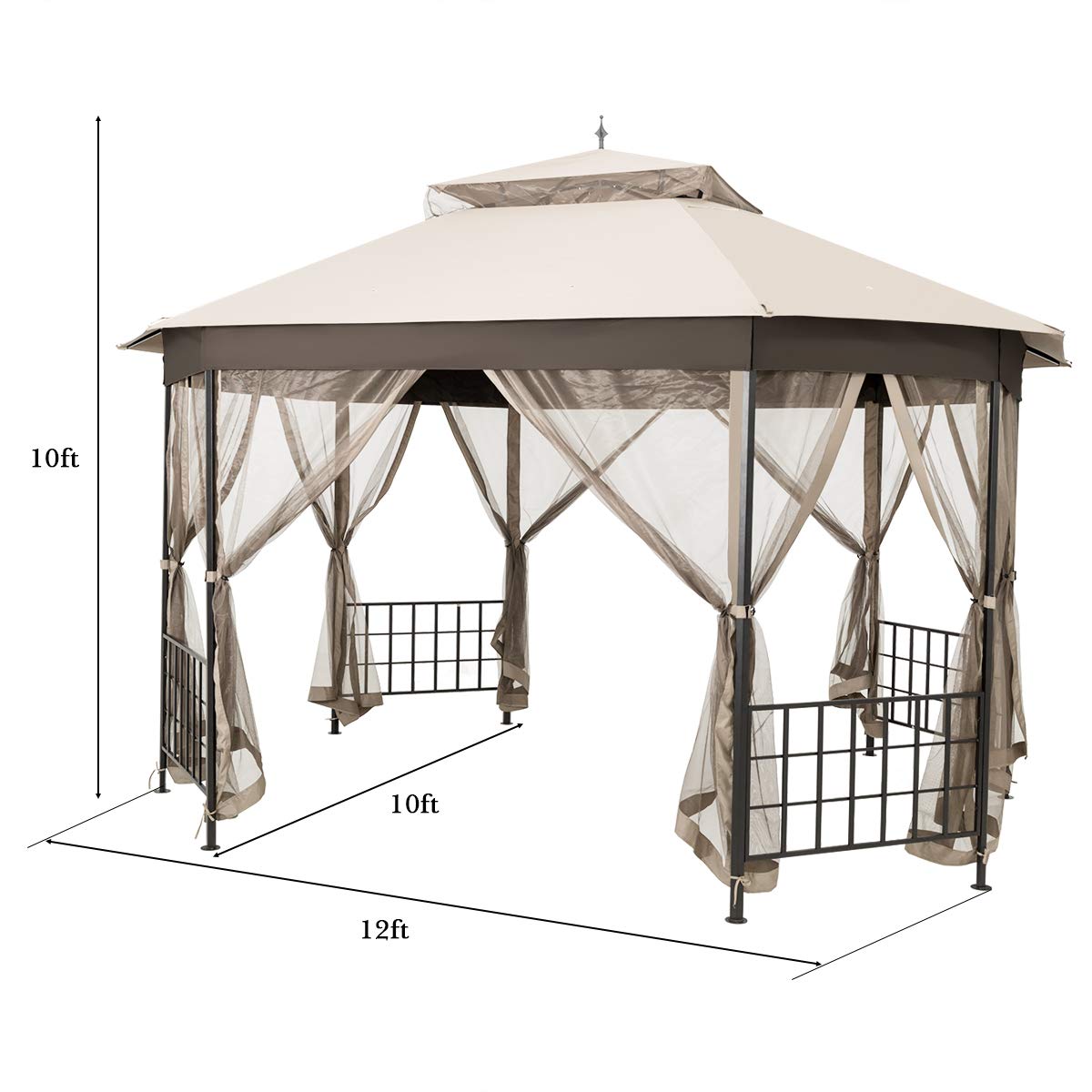 10 ft. x 12 ft. Beige Metal Outdoor Patio Gazebo with Mosquito Net