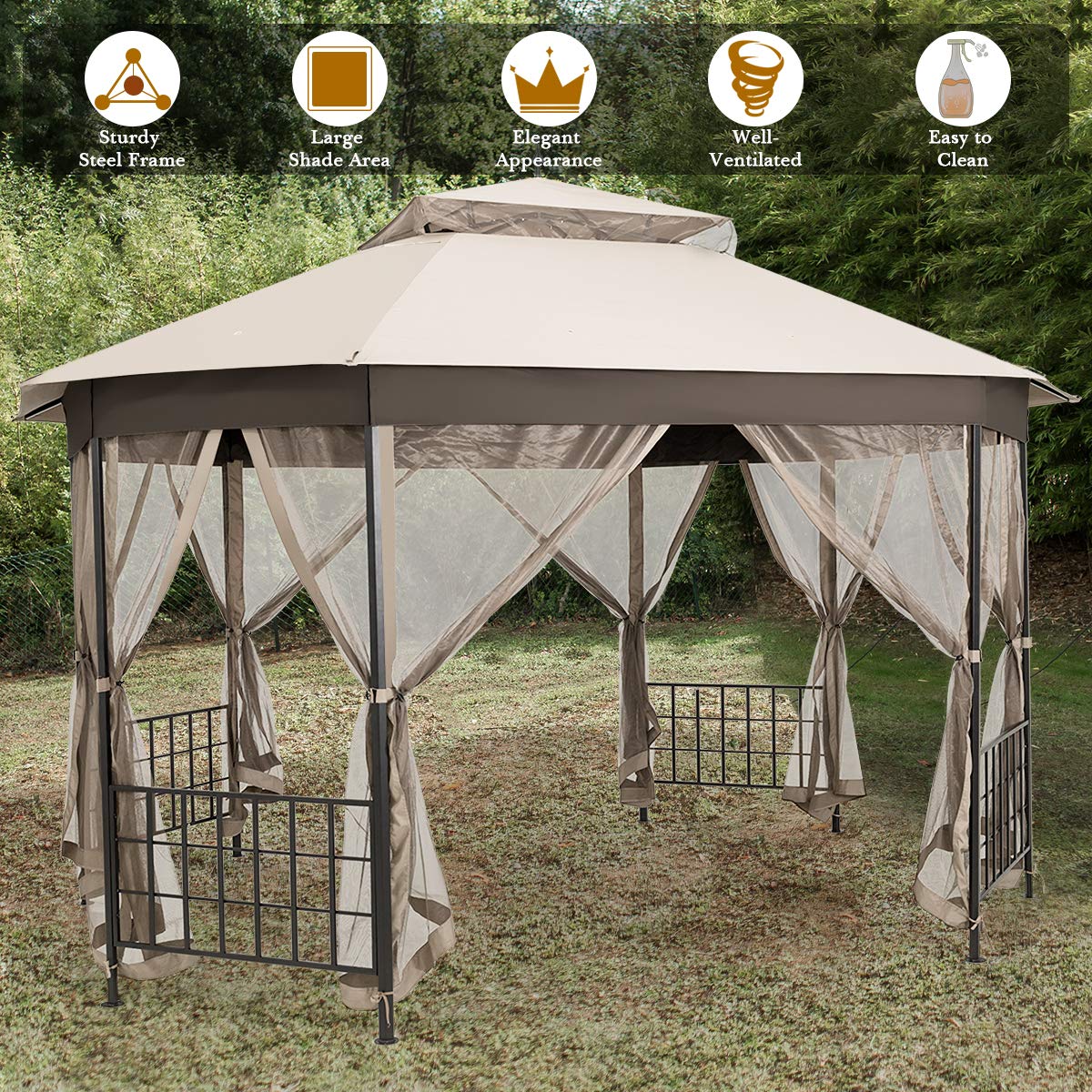 10 ft. x 12 ft. Beige Metal Outdoor Patio Gazebo with Mosquito Net