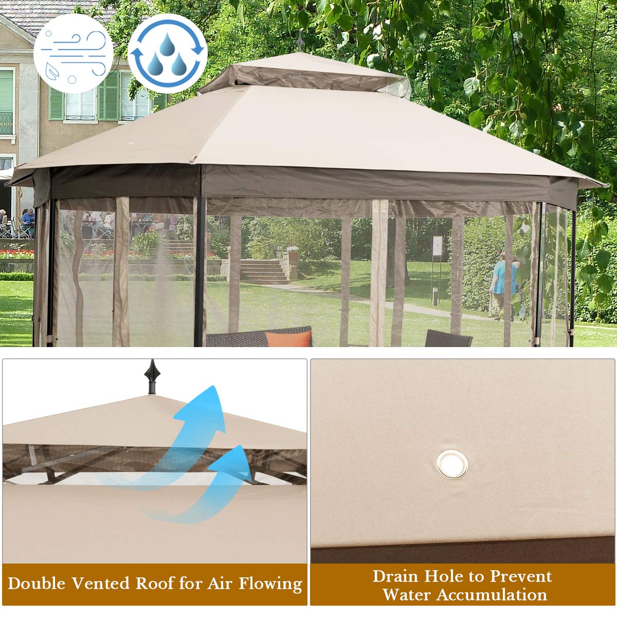 10 ft. x 12 ft. Beige Metal Outdoor Patio Gazebo with Mosquito Net