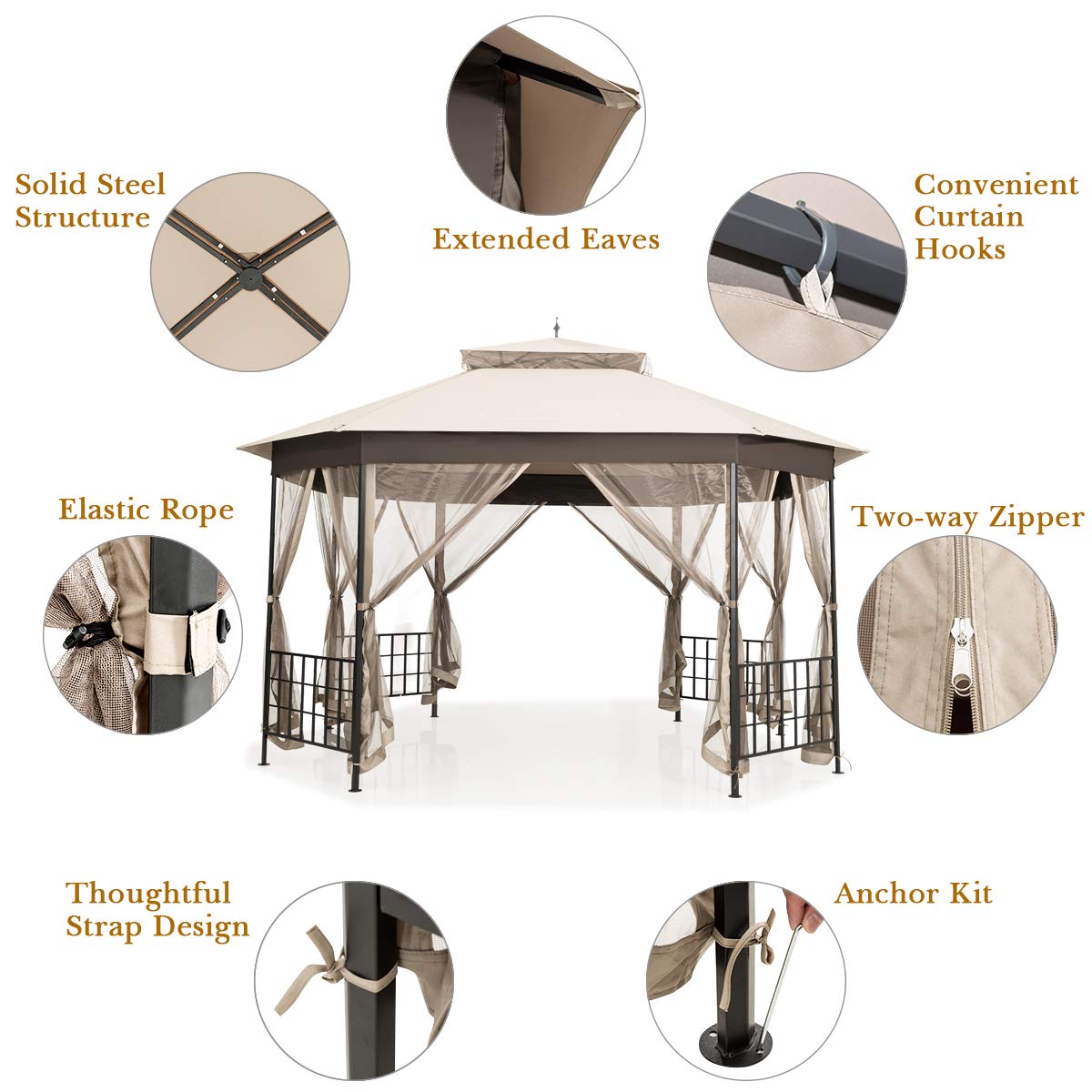 10 ft. x 12 ft. Beige Metal Outdoor Patio Gazebo with Mosquito Net