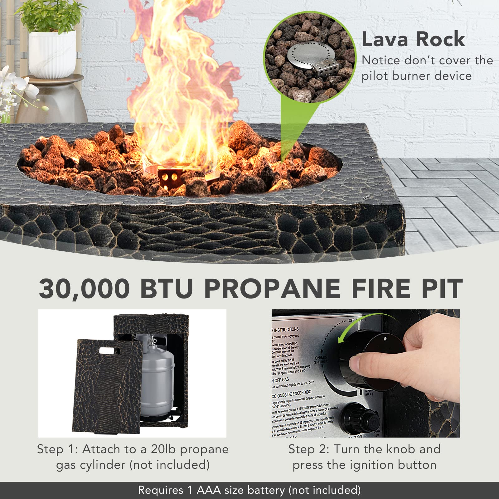 25 in. Square 30,000 BTU Outdoor Propane Fire Pit with Lava Rocks and Waterproof Cover