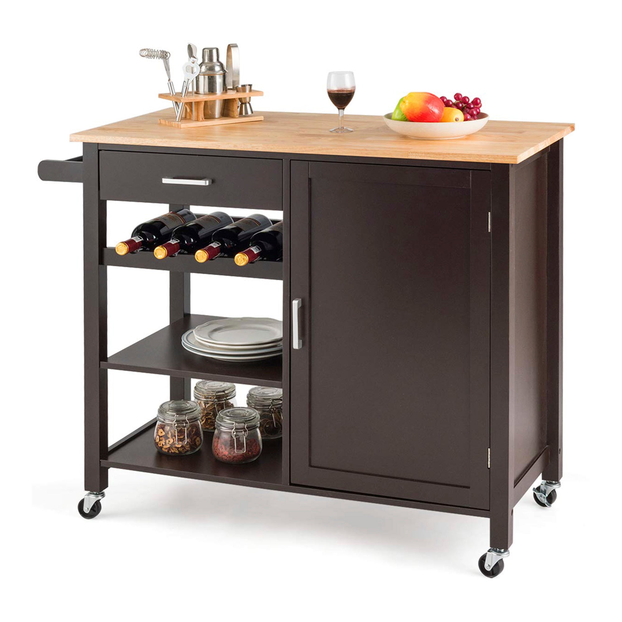 Brown Rolling Kitchen Cart with Towel Rack and Wood Table Top