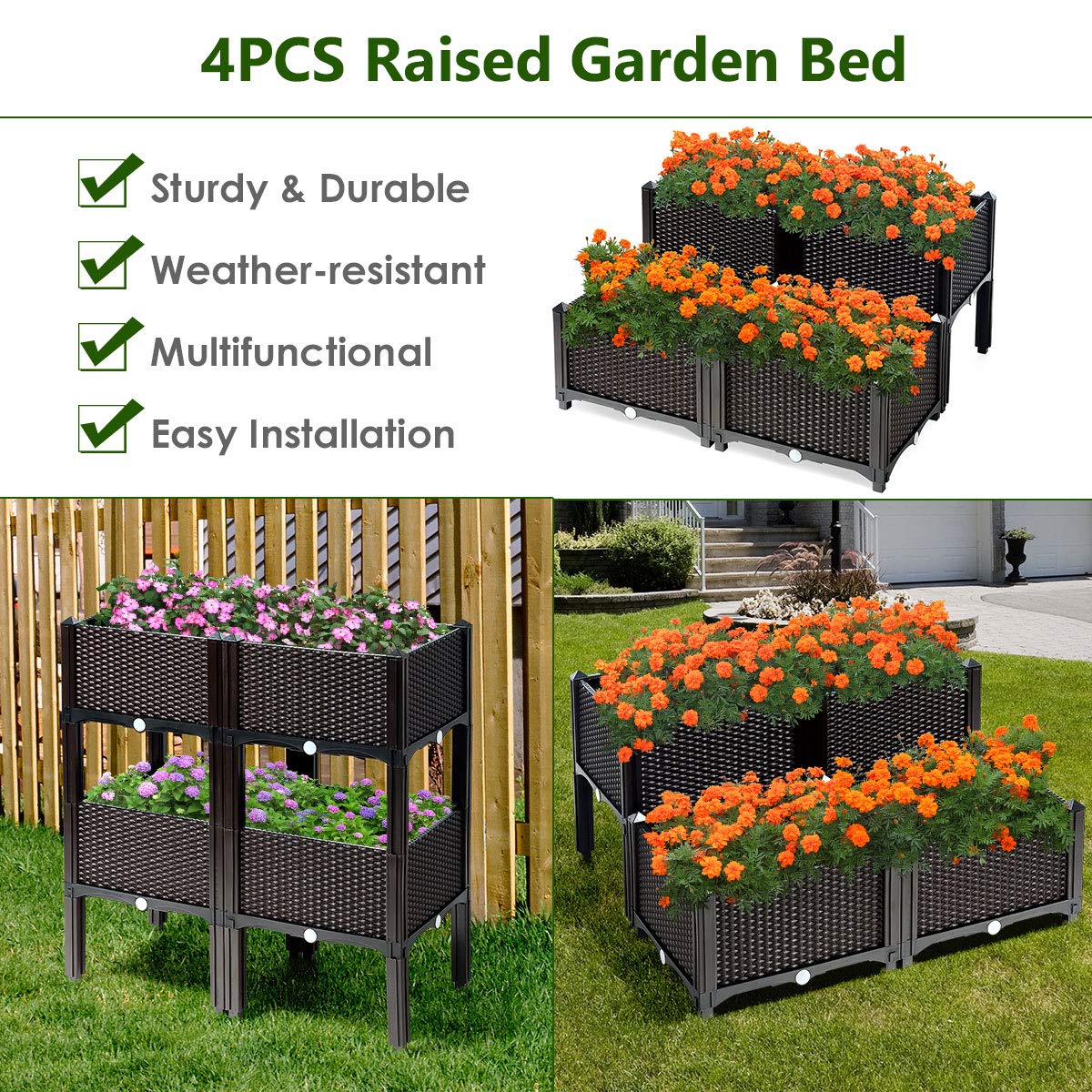 16 in. W x 16 in. L x 17.5 in. H Black Wicker Elevated Planter Box Raised Garden Bed