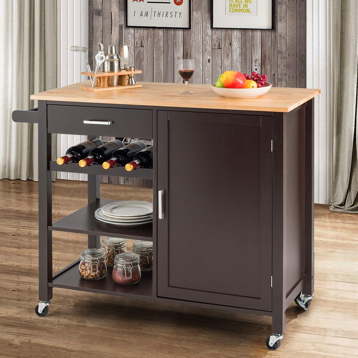 Brown Rolling Kitchen Cart with Towel Rack and Wood Table Top