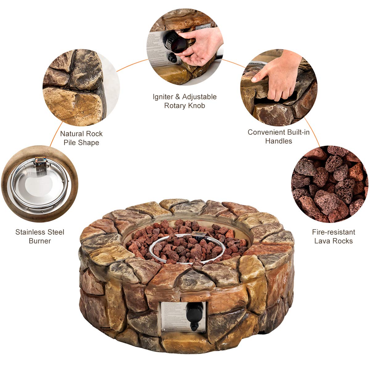 28 in. Outdoor Round Stone Propane Gas Fire Pit