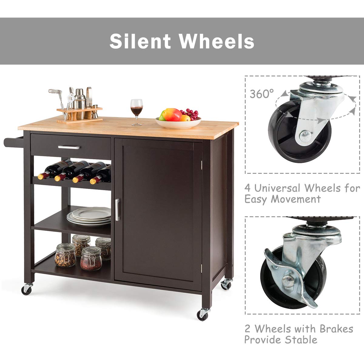 Brown Rolling Kitchen Cart with Towel Rack and Wood Table Top