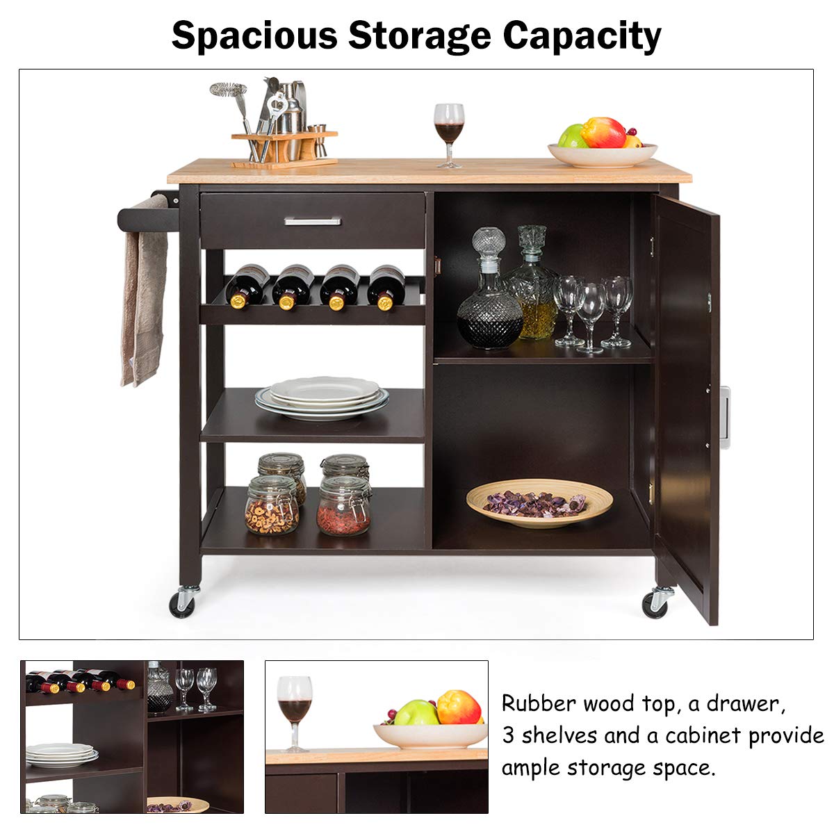 Brown Rolling Kitchen Cart with Towel Rack and Wood Table Top