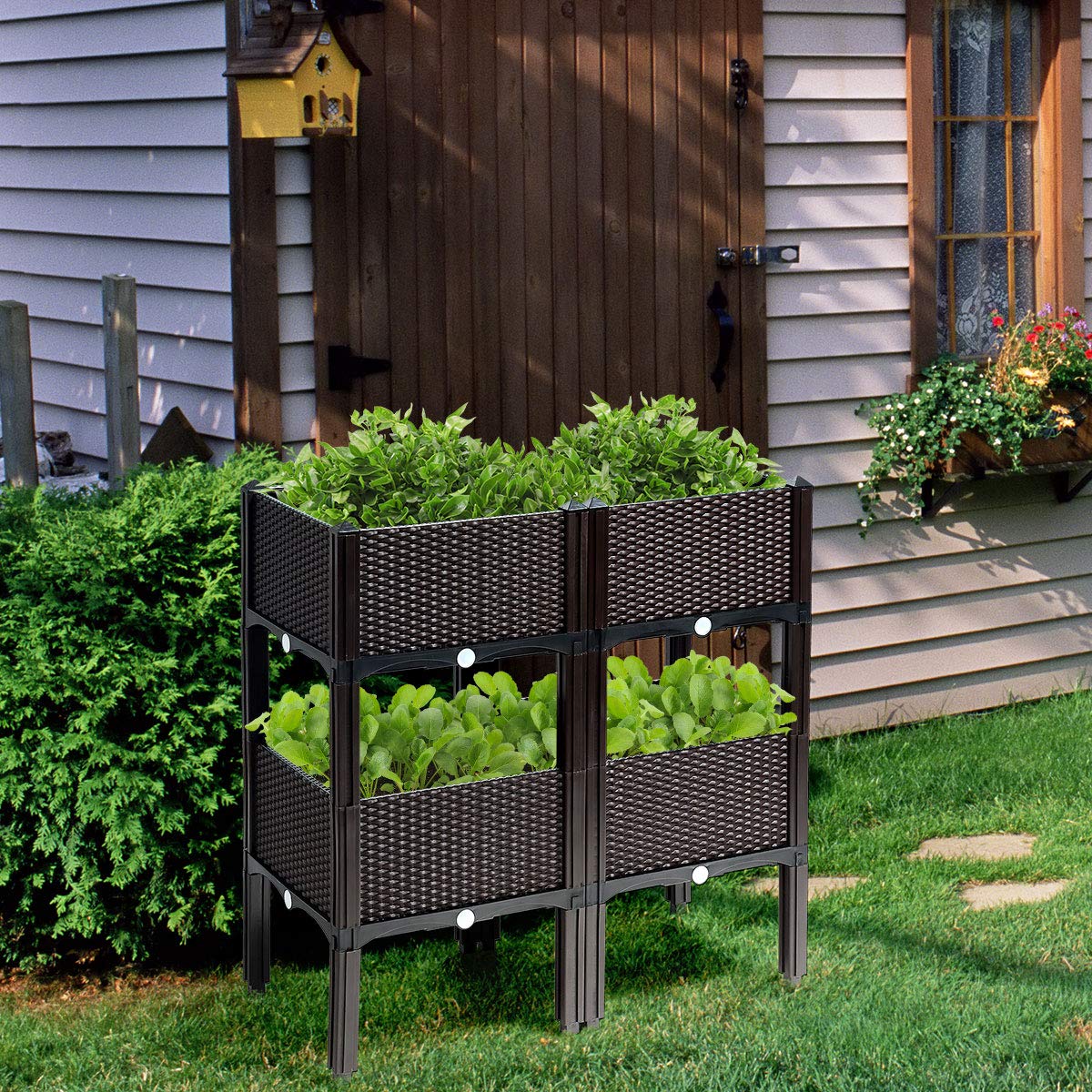 16 in. W x 16 in. L x 17.5 in. H Black Wicker Elevated Planter Box Raised Garden Bed